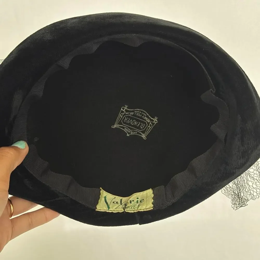 Vtg 1950s valerie modes crescent fascinator hat black feathers birdcage veil